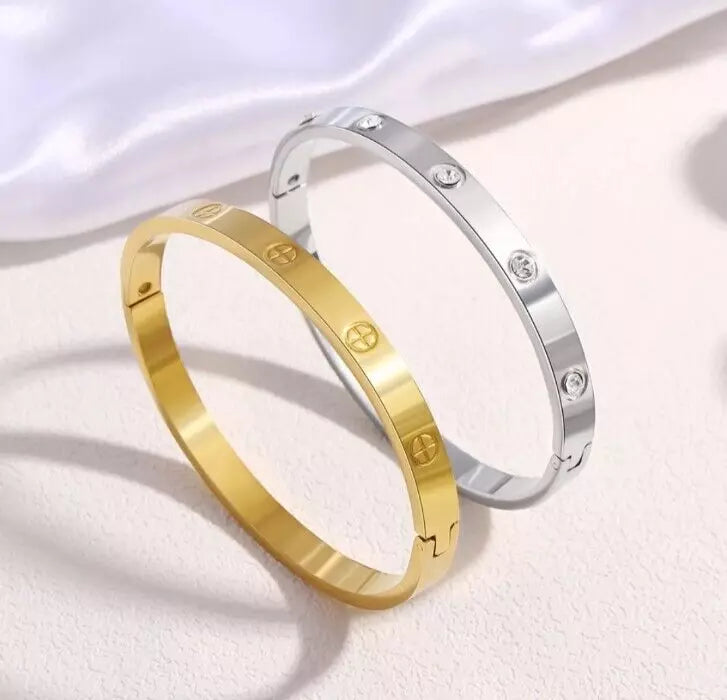 Stainless Steel Designer Cross Pattern Bangle Gold Plated Small 7.5"